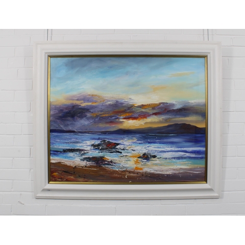 110 - DRONMA (SCOTTISH b. 1947), SUNSET FROM KINTRA, ISLAY, oil on canvas, signed, framed under glass, 100... 