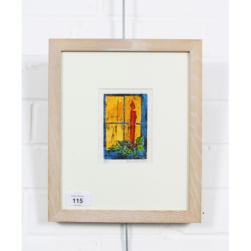 115 - BERNADETTE MADDEN, (b. 1948) CHRISTMAS WINDOW WITH CANDLE, linocut, 58/100, signed in pencil and fra... 