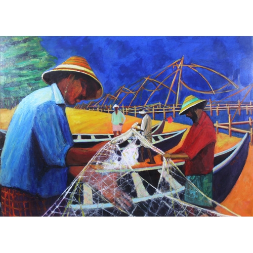 122 - GAY GROSSART (SCOTTISH) CHINESE FISHING NETS, oil on card, signed and framed under glass, 110 x 110c... 