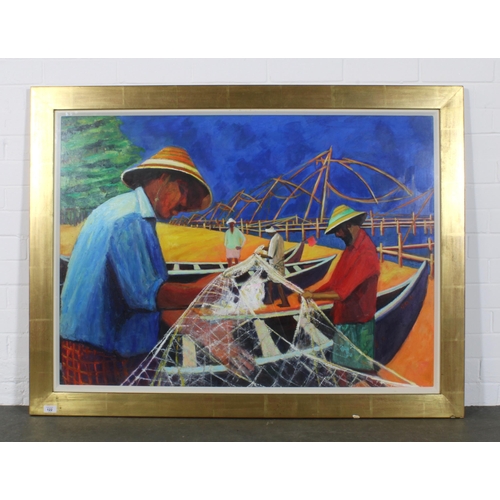 122 - GAY GROSSART (SCOTTISH) CHINESE FISHING NETS, oil on card, signed and framed under glass, 110 x 110c... 