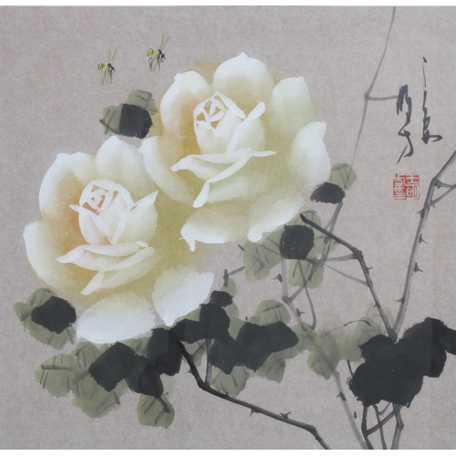 20 - ASIAN SCHOOL, White Roses and bumble bees, watercolour on paper with red seal mark, framed under gla... 