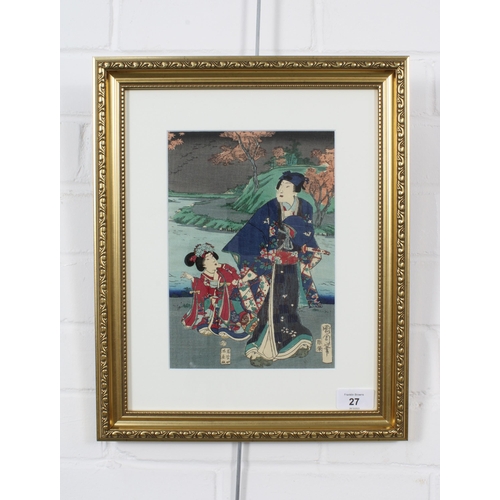 27 - After Toyamara Kunichika, Japanese woodblock, likely of actors, framed under glass, 17 x 24cm