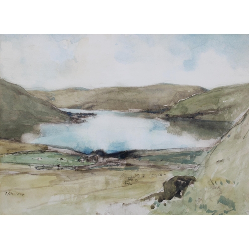 33 - SIR DAVID YOUNG CAMERON (SCOTTISH 1865-1945) Watercolour of a loch scene, signed and framed under gl... 