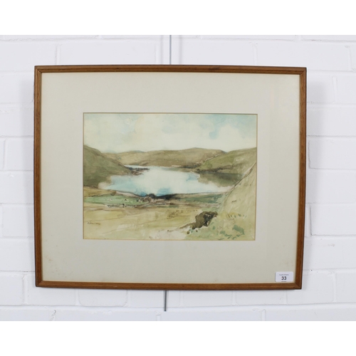 33 - SIR DAVID YOUNG CAMERON (SCOTTISH 1865-1945) Watercolour of a loch scene, signed and framed under gl... 