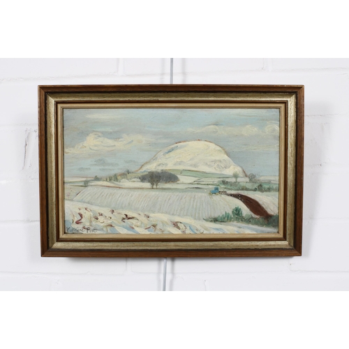 38 - VICTORINE FOOT (BRITISH 1920 - 2000) TRAPRAIN LAW IN THE SNOW, oil on board, signed, framed with tit... 