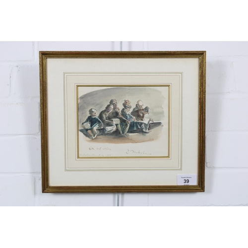 39 - Circle of Edward Ardizzone (1900 - 1979), watercolour of people seated on a beach, indistinctly sign... 