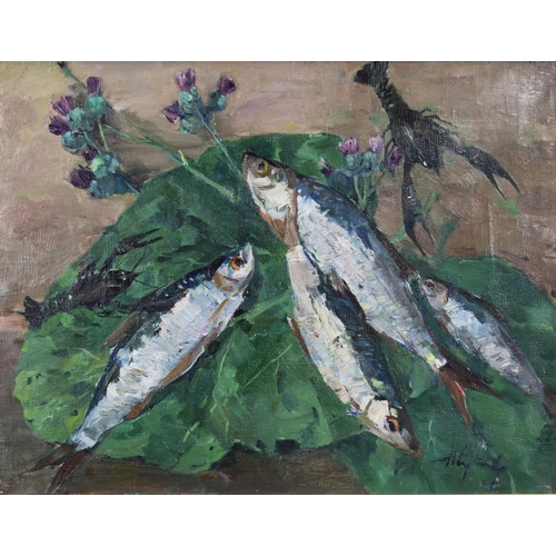 4 - 20TH CENTURY RUSSIAN SCHOOL, THE CATCH, oil on canvas, titled verso with pencil written attribution ... 