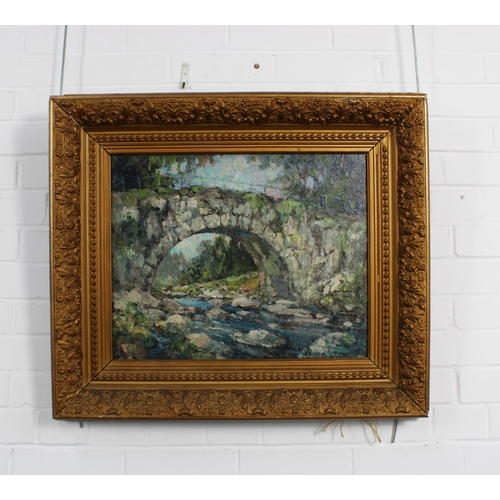 46 - SCOTTISH SCHOOL oil on board of a bridge and river scene, apparently unsigned, in a moulded gilt fra... 