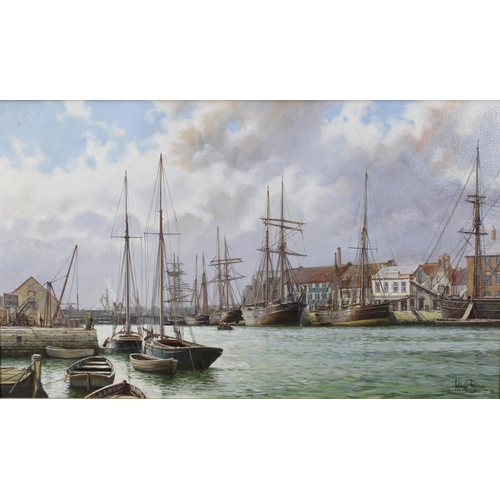 48 - RODNEY CHARMAN (1944-),POOLE HARBOUR 1905, oil on canvas, signed and dated 85, in a silver giltwood ... 