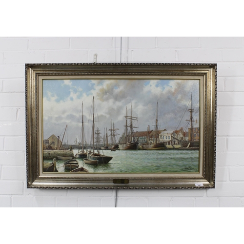 48 - RODNEY CHARMAN (1944-),POOLE HARBOUR 1905, oil on canvas, signed and dated 85, in a silver giltwood ... 