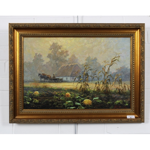 6 - 20TH CENTURY UKRANIAN SCHOOL, pumpkin fields with horse and cart, oil on canvas, signed and dated 19... 