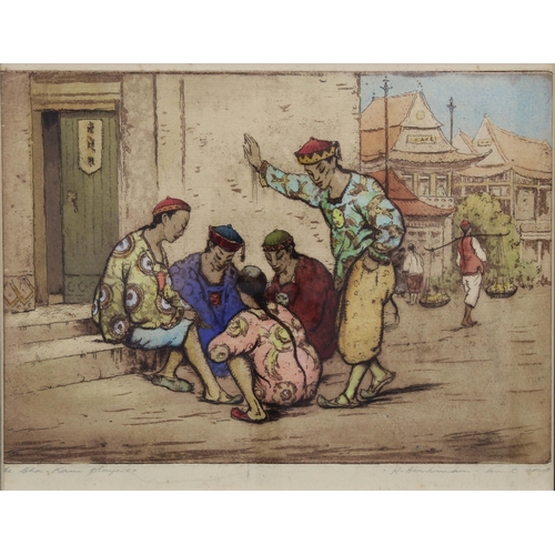 60 - ROBERT HERDMAN-SMITH (BRITISH 1879-1945) THE CHA KAU PLAYERS, hand coloured etching, signed and titl... 