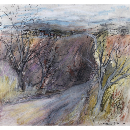 62 - PATRICIA SADLER (SCOTTISH) LANDSCAPE mixed media, signed and dated, framed under glass, 36 x 34cm