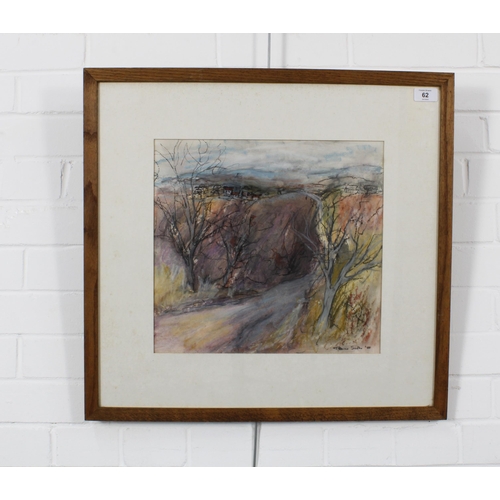 62 - PATRICIA SADLER (SCOTTISH) LANDSCAPE mixed media, signed and dated, framed under glass, 36 x 34cm