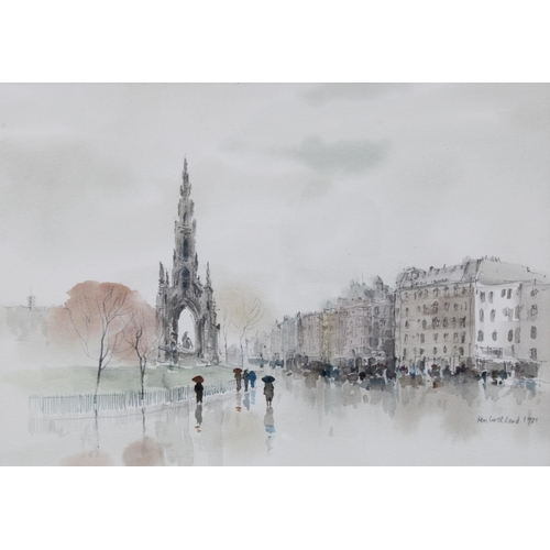 64 - KEN LOCHHEAD, (SCOTTISH 1936 - 2006), PRINCES STREET, EDINBURGH, pencil and watercolour on paper, si... 