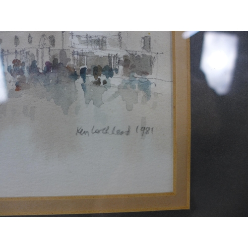 64 - KEN LOCHHEAD, (SCOTTISH 1936 - 2006), PRINCES STREET, EDINBURGH, pencil and watercolour on paper, si... 