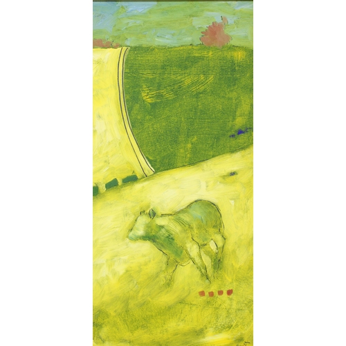 69 - MARIE SCOTT (SCOTTISH CONTEMPORARY), IT'S JUST A COW, oil on canvas, signed and framed 28 x 58cm.  T... 