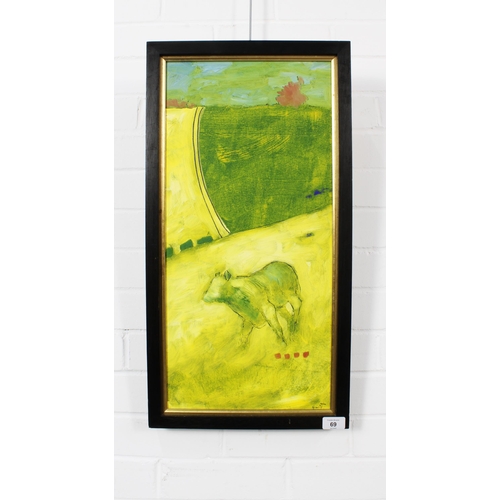 69 - MARIE SCOTT (SCOTTISH CONTEMPORARY), IT'S JUST A COW, oil on canvas, signed and framed 28 x 58cm.  T... 