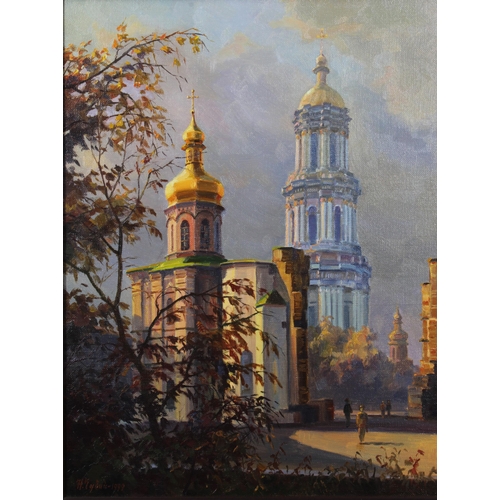 7 - 20TH CENTURY UKRANIAN SCHOOL, street scene with church and steeple, oil on canvas, signed and dated ... 