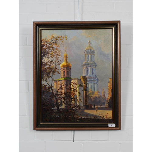 7 - 20TH CENTURY UKRANIAN SCHOOL, street scene with church and steeple, oil on canvas, signed and dated ... 