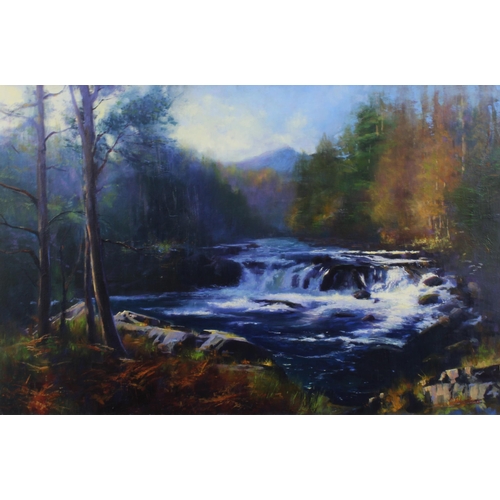 75 - COLIN ROBERTSON (SCOTTISH) AUTUMN SUNLIGHT RIVER TUMMEL, acrylic on canvas, signed and framed.  75 x... 