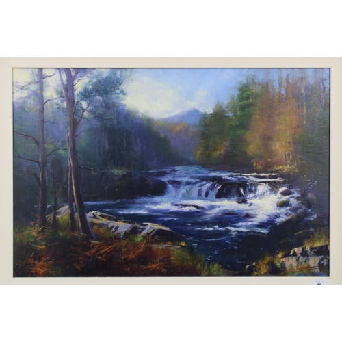 75 - COLIN ROBERTSON (SCOTTISH) AUTUMN SUNLIGHT RIVER TUMMEL, acrylic on canvas, signed and framed.  75 x... 