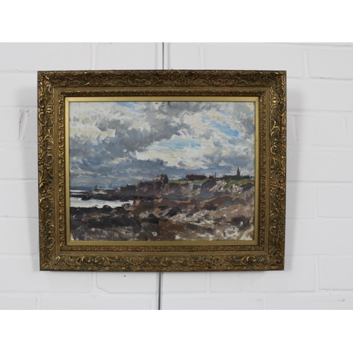 92 - EARLY 20TH CENTURY SCHOOL, CLIFFTOP VILLAGE, oil on canvas board, apparently unsigned, framed under ... 