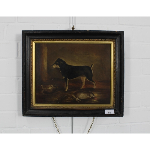 93 - Late 19th / early 20th century oil on board of  a small dog and two rats, apparently unsigned, frame... 