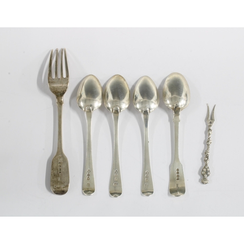 14 - A victorian silver dessert fork, John Stone, Exeter 1844, four silver teaspoons with various hallmar... 