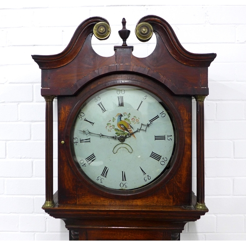 265 - An oak grandfather clock with walnut veneers , broken swan neck pediment over a painted dial with a ... 