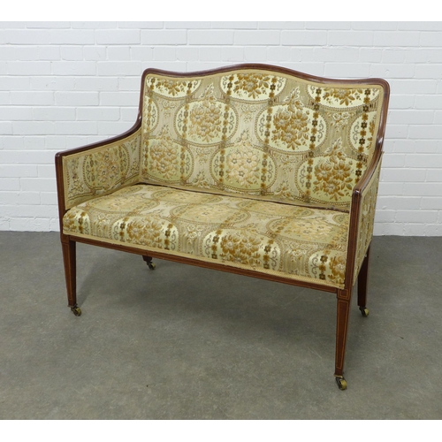 266 - An Edwardian mahogany and inlaid two seater parlour settee, floral upholstered back, arms and set, o... 