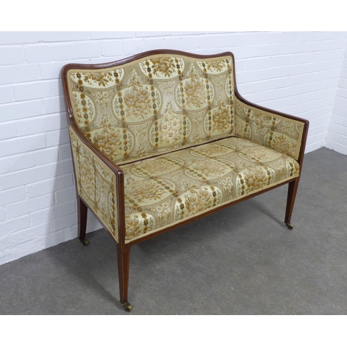 266 - An Edwardian mahogany and inlaid two seater parlour settee, floral upholstered back, arms and set, o... 