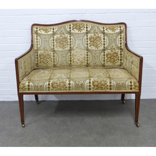 266 - An Edwardian mahogany and inlaid two seater parlour settee, floral upholstered back, arms and set, o... 