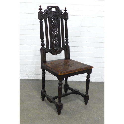 276 - Dark oak hall chair, 47 x 108 x 41cm.