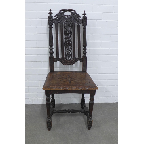 276 - Dark oak hall chair, 47 x 108 x 41cm.