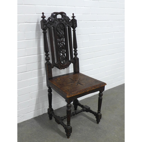 276 - Dark oak hall chair, 47 x 108 x 41cm.