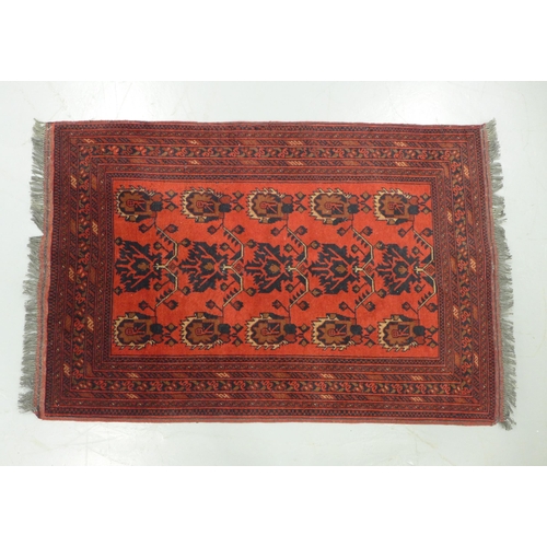 280 - Eastern rug, red field with serrated foliate pattern, 155 x 102cm.