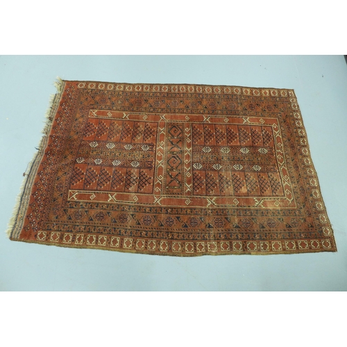 281 - Eastern rug, worn red field with geometric motifs, 262 x 172cm.