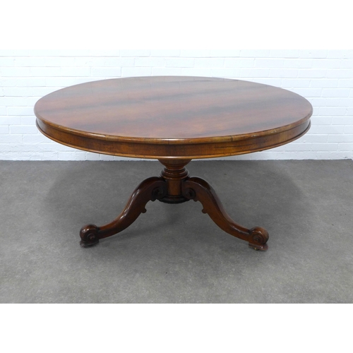 283 - Early Victorian mahogany breakfast table, circular top on a turned baluster column with scrolling tr... 