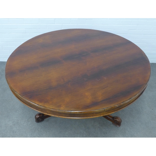 283 - Early Victorian mahogany breakfast table, circular top on a turned baluster column with scrolling tr... 