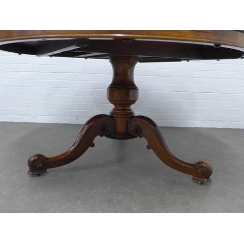 283 - Early Victorian mahogany breakfast table, circular top on a turned baluster column with scrolling tr... 