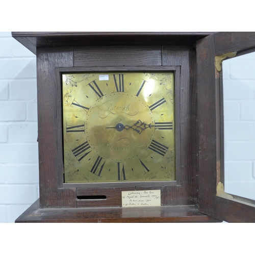 287 - 18th century grandfather clock, brass dial inscribed Worcester,  49 x 224 x 28cm.