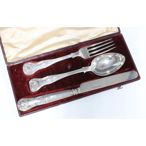 3 - Victorian Edinburgh silver fork and spoon with similar Queens pattern Sheffield silver knife, in a f... 