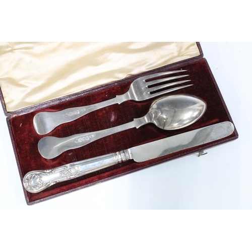 3 - Victorian Edinburgh silver fork and spoon with similar Queens pattern Sheffield silver knife, in a f... 