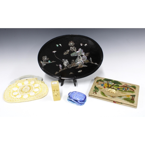 312 - Mixed lot to include a faux ivory box and cover, pottery scarab beetle, chinoiserie evening bag and ... 