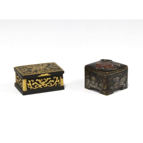 315 - Small Japanese bronze box with a gilt interior, hinged lid with insects and leaf pattern, 3 x 3cm, t... 