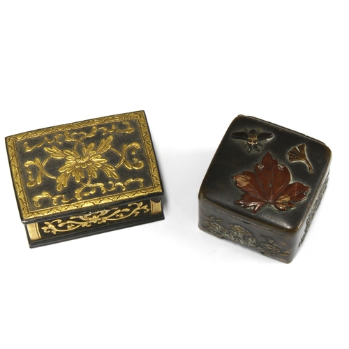 315 - Small Japanese bronze box with a gilt interior, hinged lid with insects and leaf pattern, 3 x 3cm, t... 