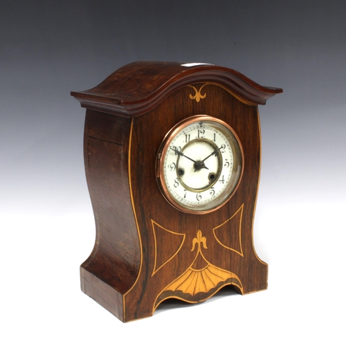 317 - Mahogany and satinwood inlaid mantle clock, arched top over a dial with enamel chapter ring with Ara... 