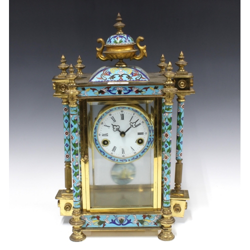 318 - Cloisonne, brass and glass cased mantle clock, surmounted by an urn finial, enamel dial with roman n... 