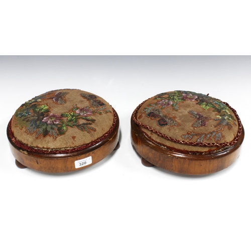 320 - Two late 19th century footstools with upholstered circular tops, 29cm diameter (2)